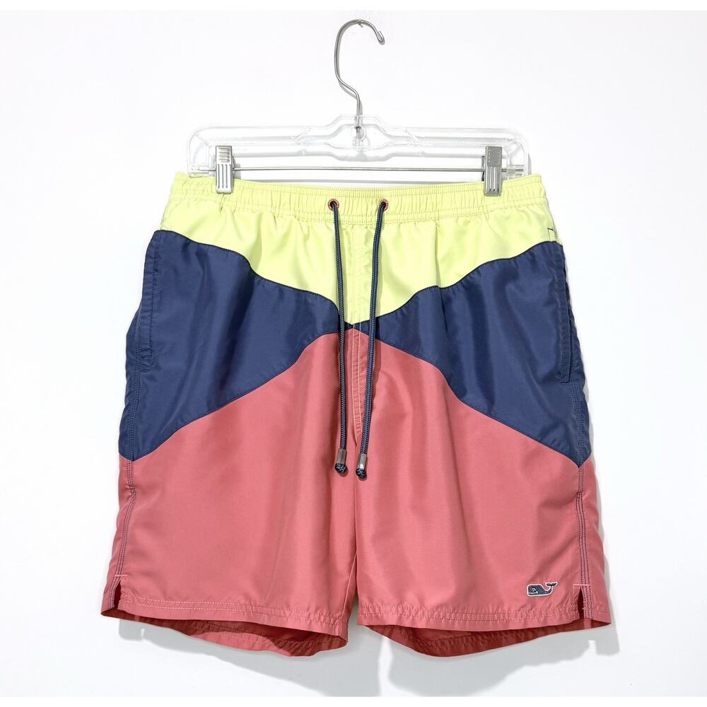 Vineyard Vines Mens Swim Trunks M Blue Yellow Coral Lined Elastic Waist Logo